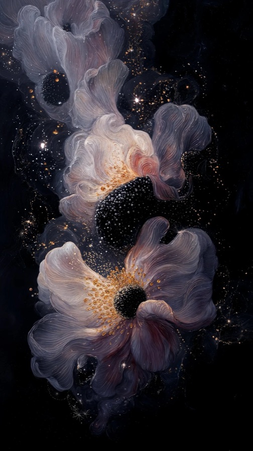 Translucent cosmic flowers on a dark ground