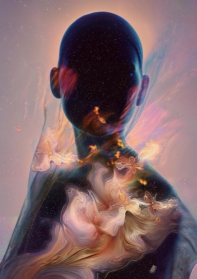 A silhouetted figure filled with stars and glowing orange flowers