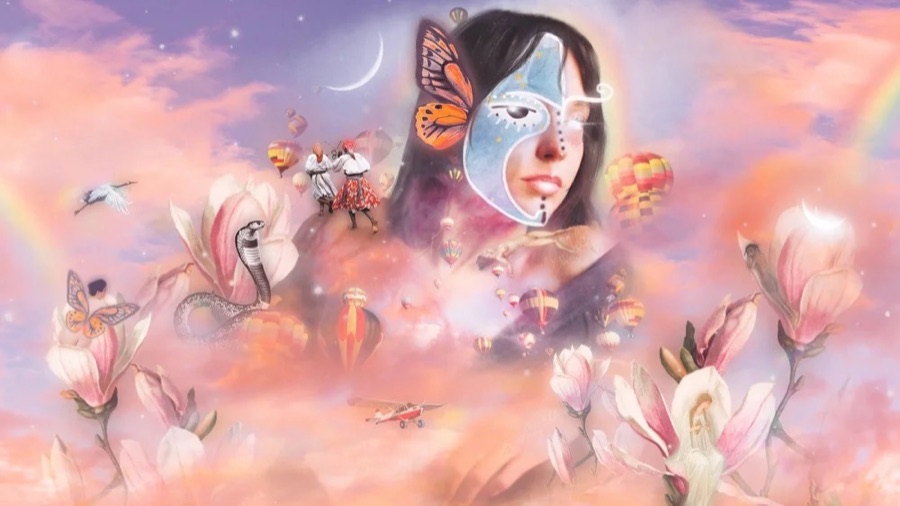 Wonderland, 2022: a woman with a butterfly mask among balloons and flowers in a pink sky